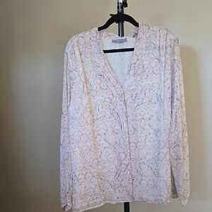 20W Silk Kate Hill Cream Print Long Sleeve Buttoned V-neck Blouse With Lining